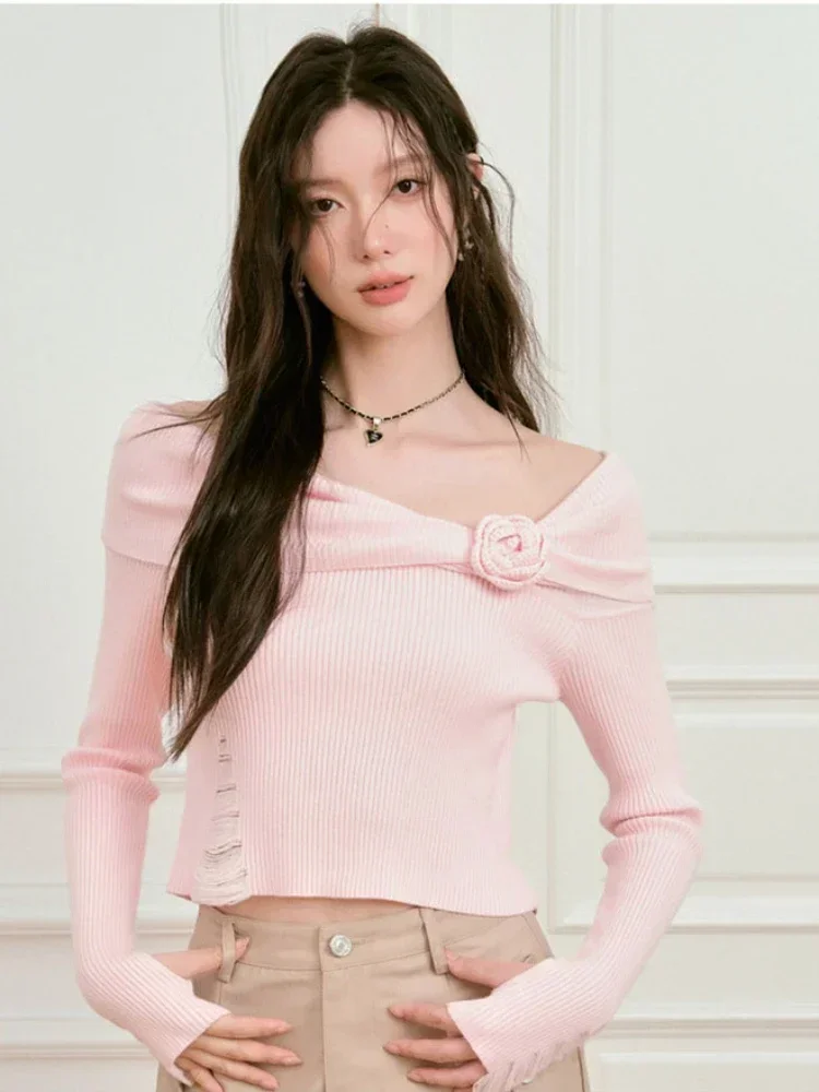 ニットプルオーバー女性スラッシュネッククロップドスリム 3D フラワーセクシーなオールマッチオフショルダー韓国スタイルガールズデザイン入札ファッション