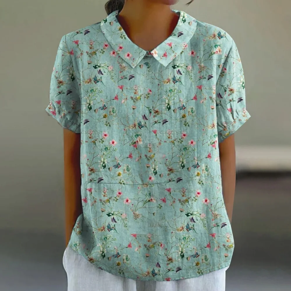 Woman Blouses Retro Floral Pattern Print T-Shirt Summer Fashion Outdoor Lapel Short Sleeve Tops Women Pulovers Blouse Clothing