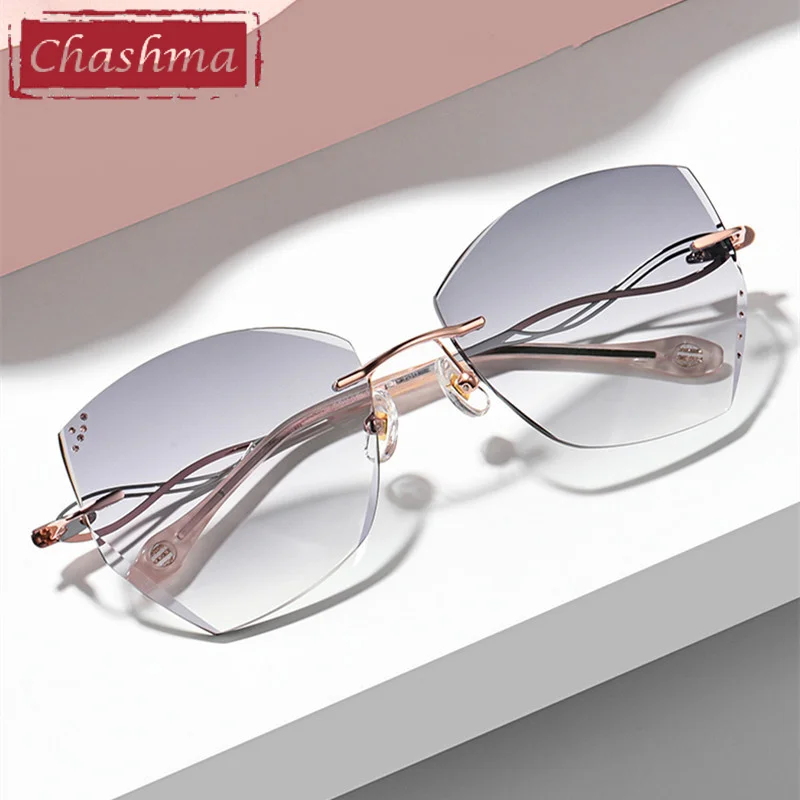 Women Rimless Eyeglasses Luxury Sunglasses Tint Crystal Titanium Glasses Frame Prescription Spectacles Customize Lenses