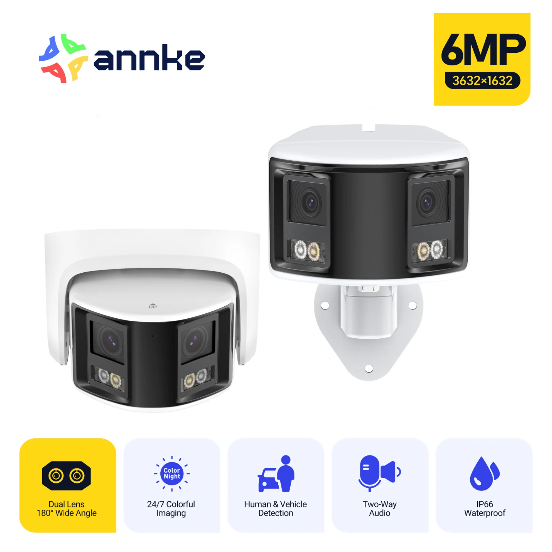 

ANNKE 6MP POE Camera 180° Panoramic Dual Lens Security Protection Dual Lens Outdoor CCTV Surveillance Video Camera Audio Warning