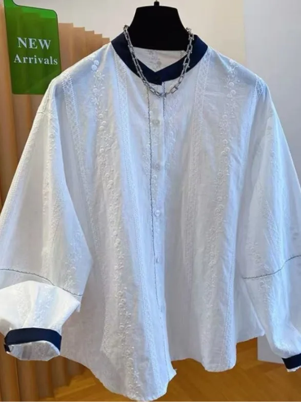 Blanc brodé rond Ne coton irt femmes printemps 2026 ample décontracté Long Sve respirant pur haut en coton