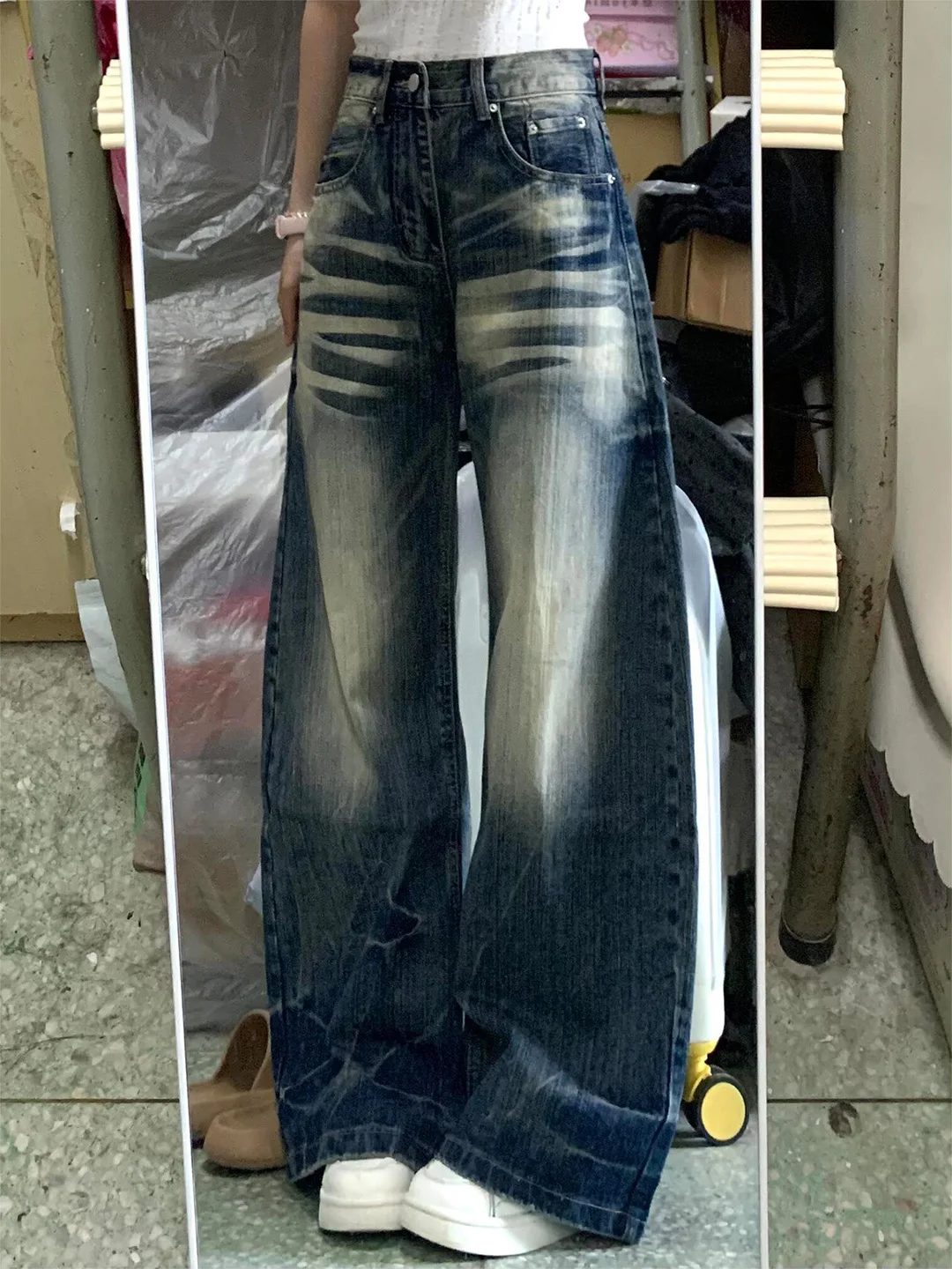 High Waist American Style Wide Leg Loose Fit Denim Jeans Women's Vintage Faded Knife  Casual Straight Leg Trousers