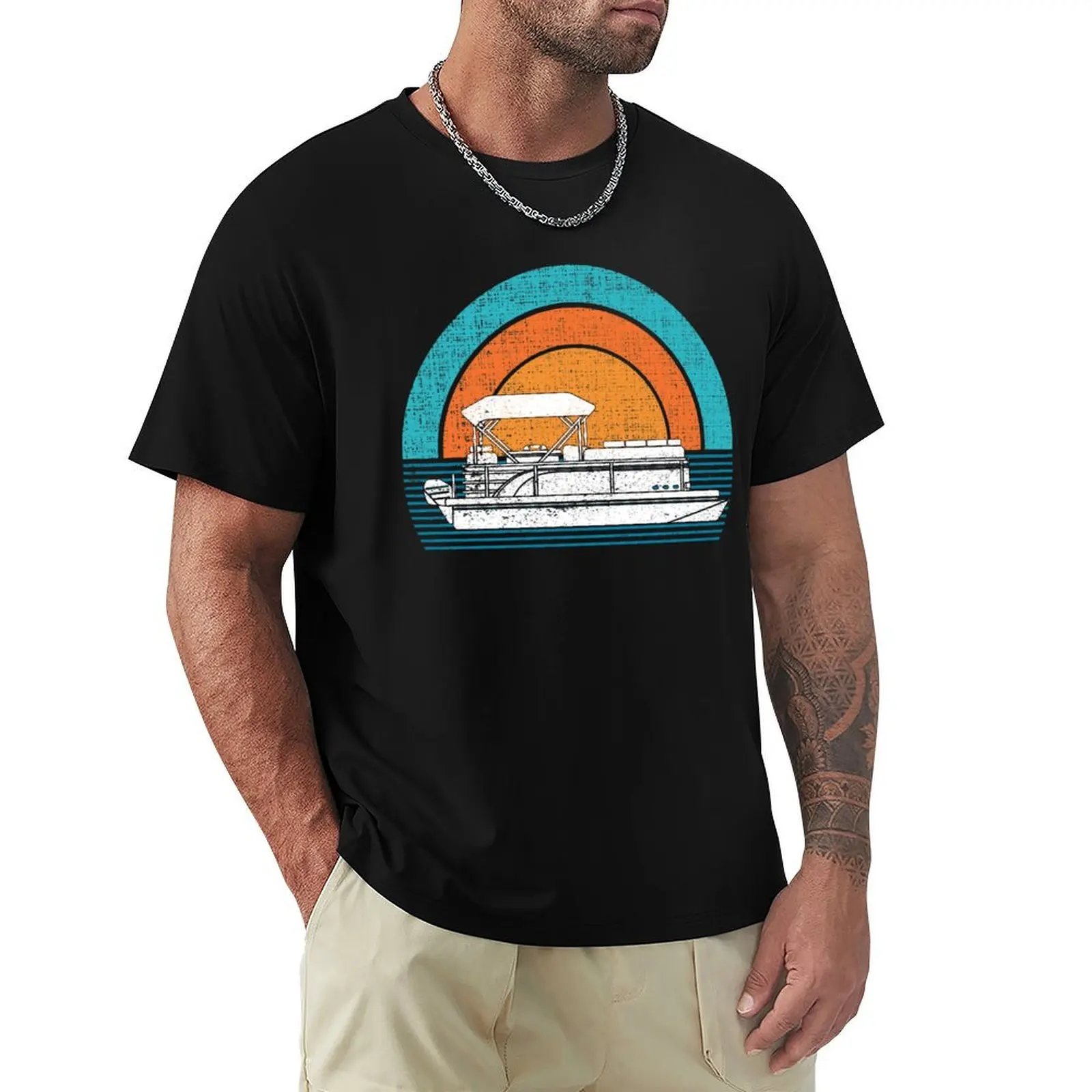Vintage Retro Pontoon Captain Pontoon Boat Pontoon Lake T-Shirt Basic Plain Short Sleeve Crew Neck Tee