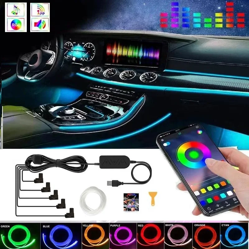 Car RGB Ambient LED Light Strip 3M/6M APP Control USB Fiber Optic Atmosphere Lamp Neon Interior Console Decoration Lights 12V