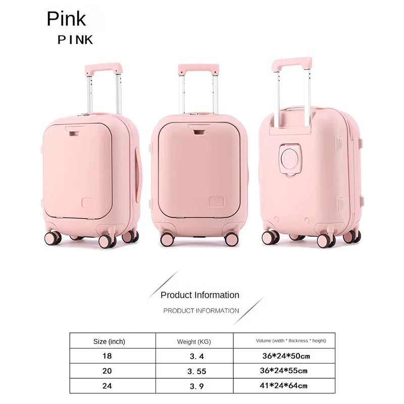 2024 New luggage Front Opening 20 inch Boarding Trolley Case 18 inch Small Portability Lockbox USB Charging Port Travel Suitcase