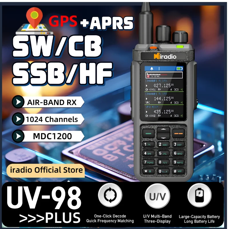 iradio UV-98 GPS APRS Tri-Standby Tri-display AM/CB/SSB HF HAM Radio with 1024 Channels AM LW MW SW UHF VHF RX TX, Dual Antenna