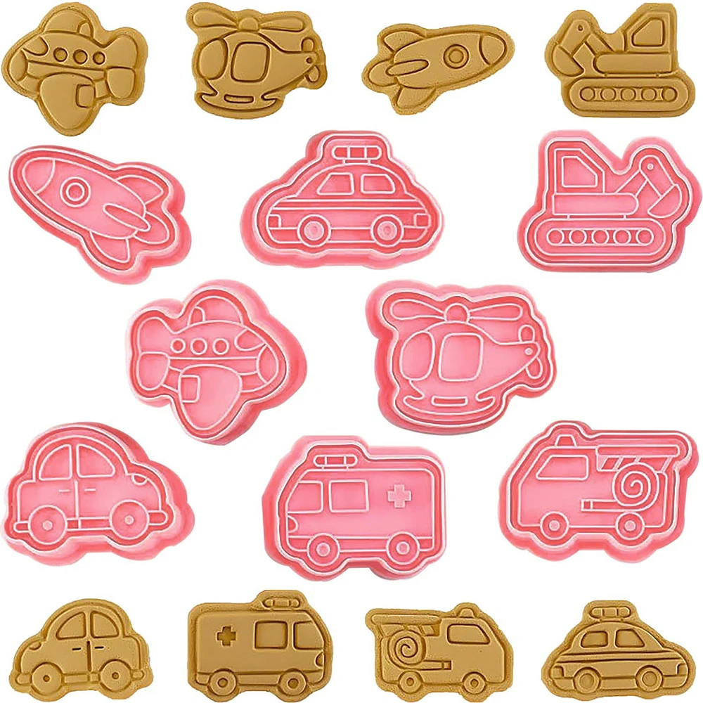 8Pcs Set Cookie Cutter Stamp Aircraft, Cars,Vehicle Cartoon Pressable Biscuit Mold Confectionery Baking Pastry Tools