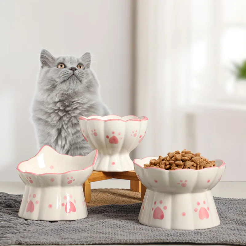 Cat Feeders Ceramic Large Caliber High Foot Oblique Mouth Protection for Cervical Spine Dog Food Bowl Anti Overturning Pet Bowl