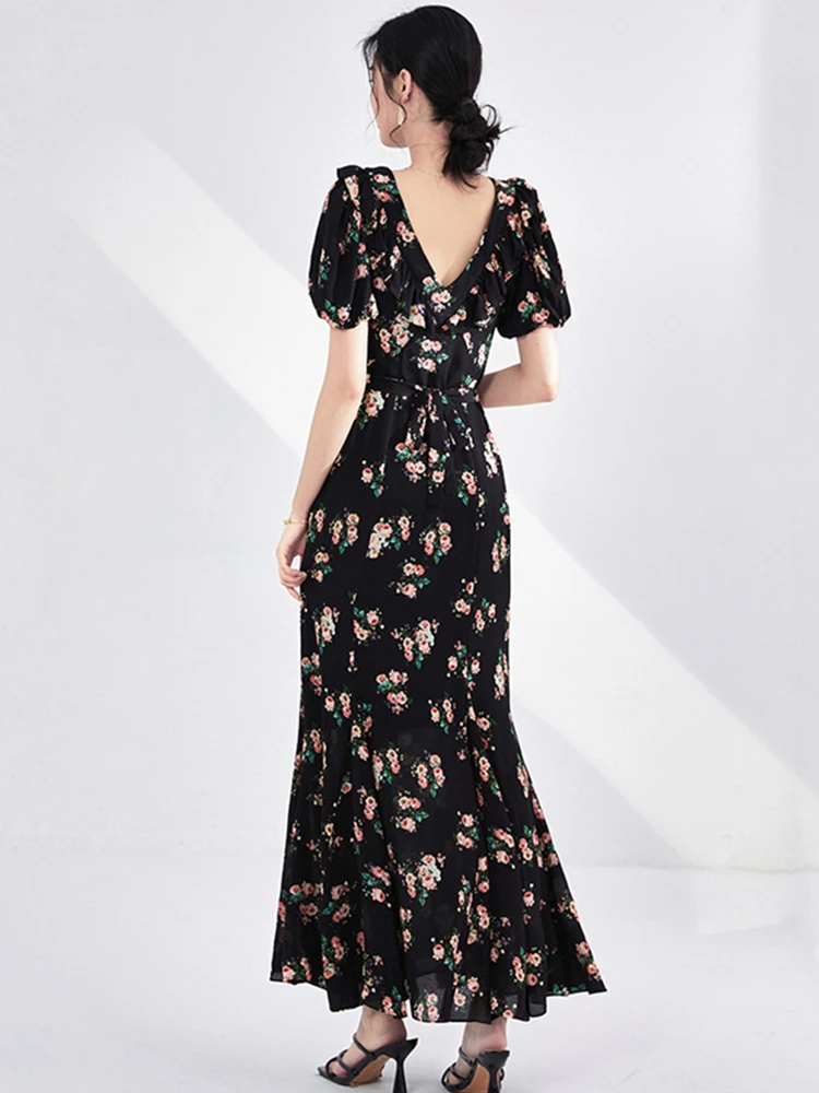 กระโปรงยาวทรงเอ ผ้าไหมพิมพ์ลายดอกไม้ สำหรับผู้หญิง คอลเลคชั่นฤดูร้อน 2025 รุ่นใหม่ เอวสูง ทรงยู