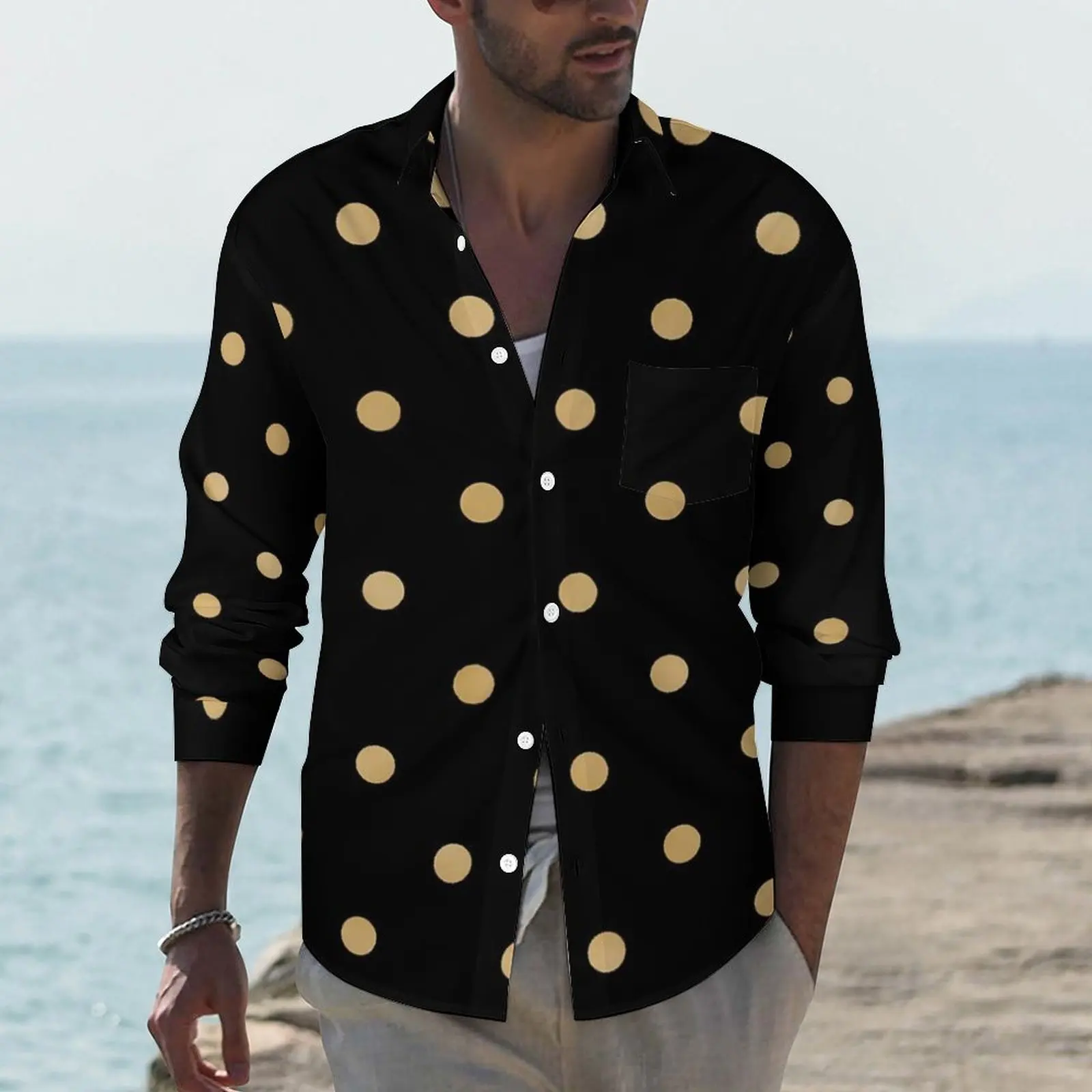 Gold Dot Shirt Spring Retro Polka Dots Casual Shirts Male Loose Blouses Long Sleeve Graphic Funny Top Plus Size