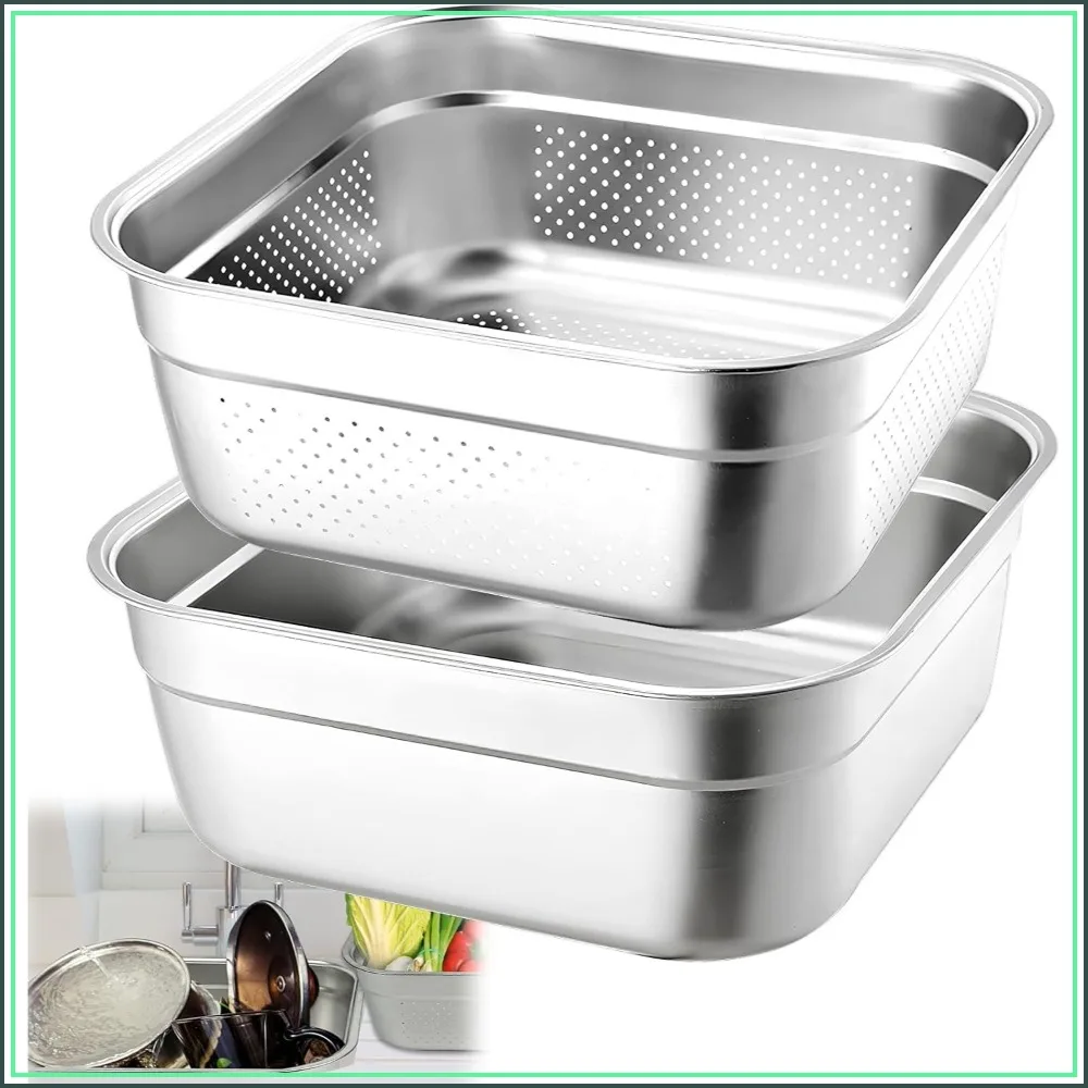 

2-in-1 Stainless Steel Washing Up Bowl Set, 12.8" Square Dish Tub with Colander, Fruit Vegetable Basin for Sink, Food Grade Drainer for Rice, Pasta