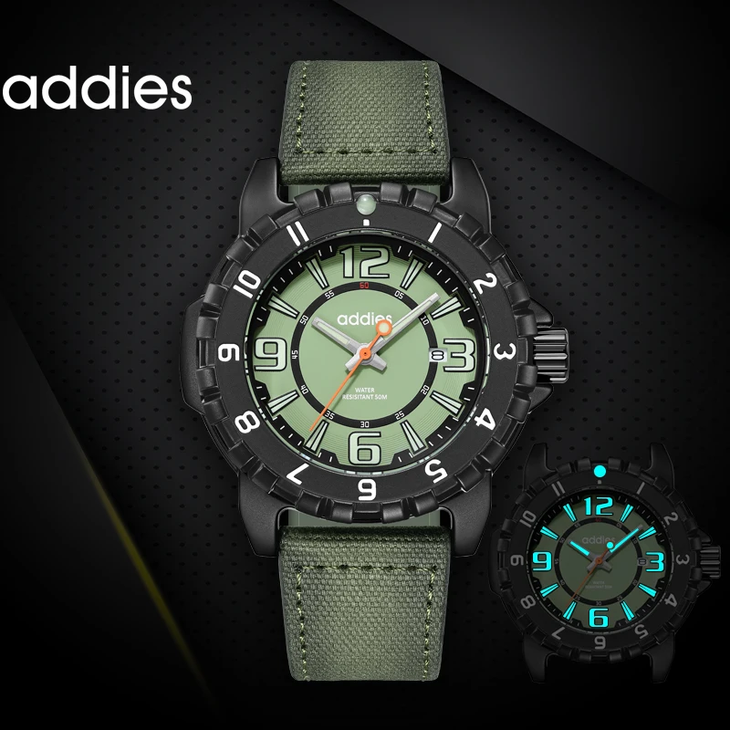 

Addies Men's Watch Outdoor Sports 50m Waterproof Quartz Watches Canvas Strap Military Fashion Luminous Analog Watch New MY-057