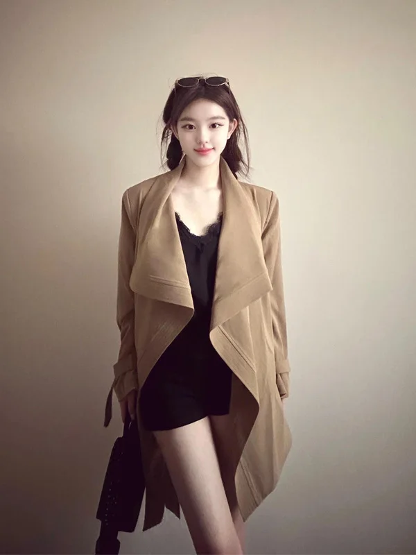 

Korean Style Midi Length Windbreaker with Big Collar And Lace Trim Early Khaki Color Versatile Autumn Season Women's Jacket
