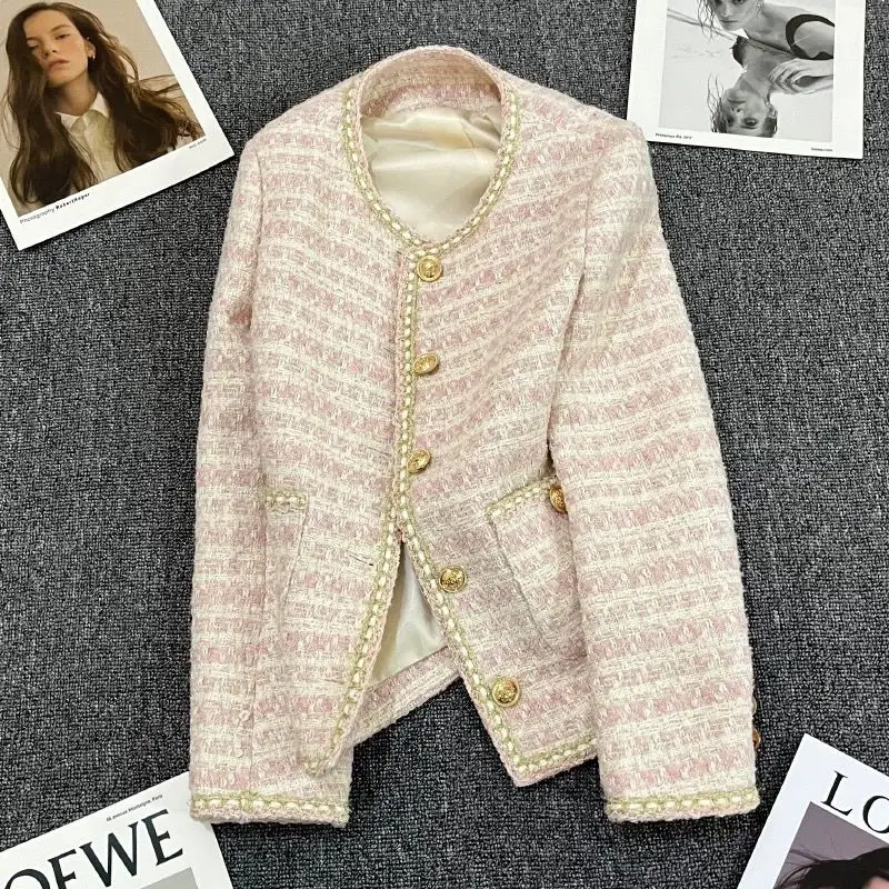 2023 Spring Autumn Cherry Blossom Pink Blue Suit Coat Tweed Versatile Women's Out Wear Blazers