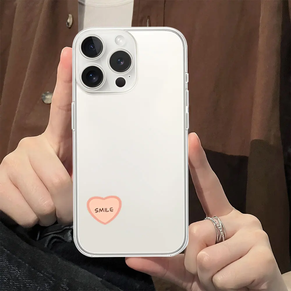 Simple Smiley Face Pink Heart Phone Case for iPhone 11 12 13 14 15 16 Max Pro Plus Transparent Soft Shell