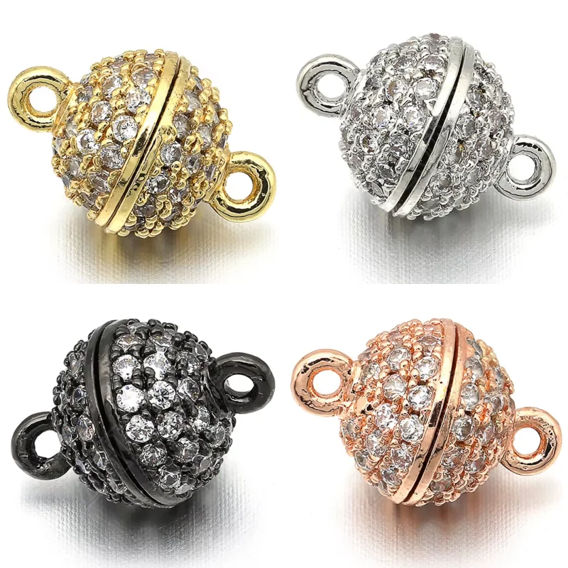 8x12mm AAA CZ Ball Magnetic Clasp Gold Plated Brass Round Pave Magnet Closure 1mm Hole with Loops for DIY Jewelry Making:VK17