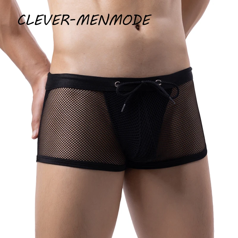 Men\'s Sexy Mesh See-Through Transparent Boxer Shorts Hip-Baring Thong G-String Large Pouches Jockstrap Penis Pouch Lingerie