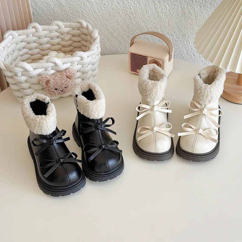 Baby Girls Winter Fashion Round Toe Cute Bow Comfortable Zipper Short Boots Kids Casual Plus Velvet Warm Snow Boots