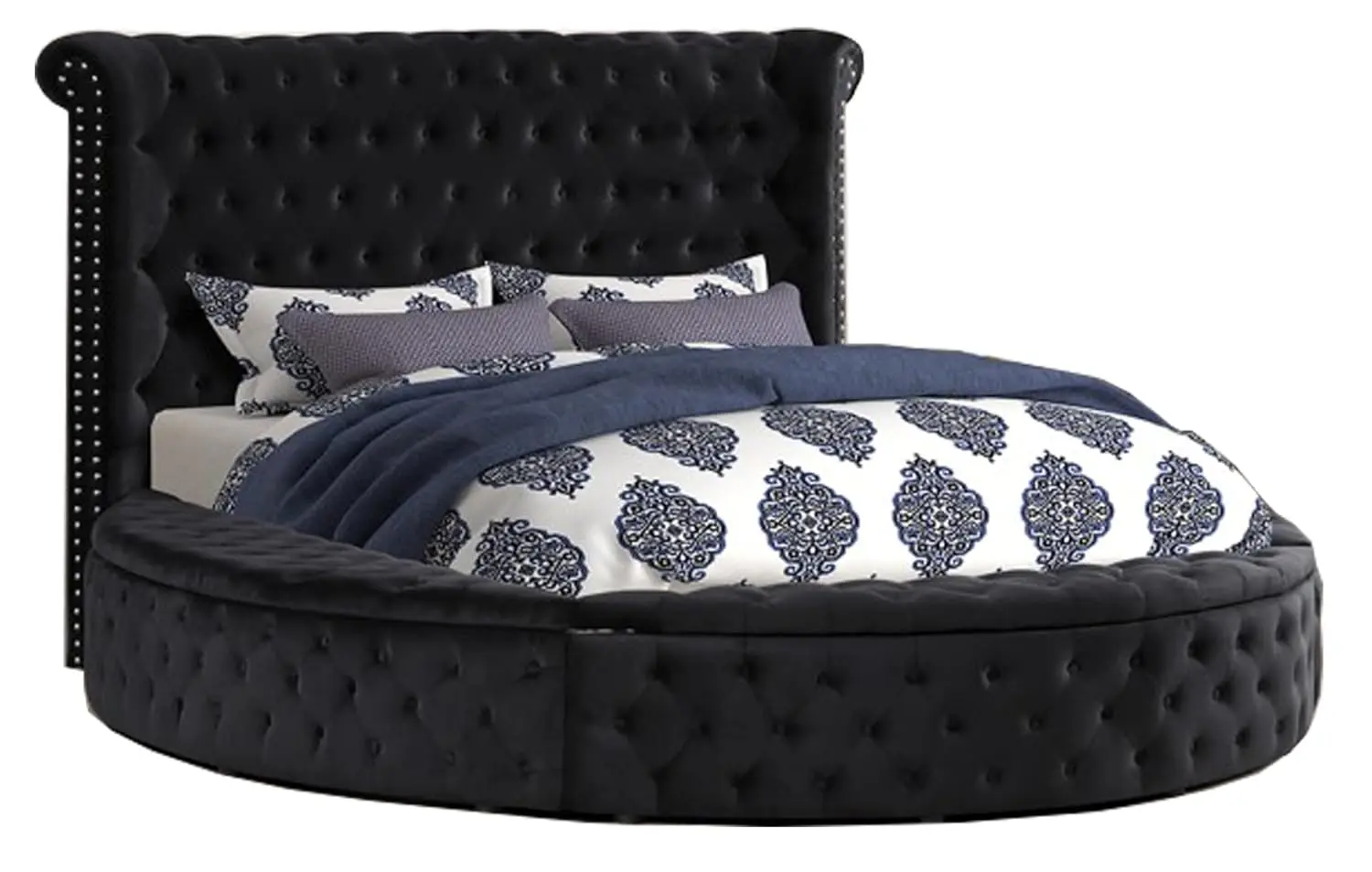Velvet Tufted Platform Storage Bed, Circle Bed with Button Tufting, Storage Compartments in Rails and Footboard