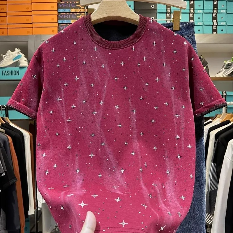 

Korean Solid Star Bright Silk T-shirts for Men's Summer O-neck Short Sleeves Loose Casual Basics Fashionable Tees Male Clothing