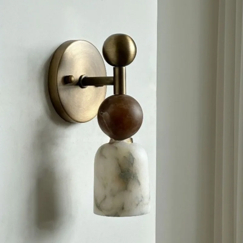 French medieval high-grade brass wall lamp, wabi sand marble wall lamp, living room bedroom lamp