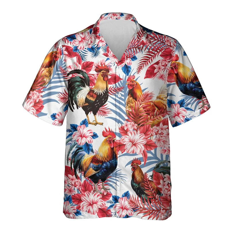 Kemeja Hawaii pria, pakaian ayam jantan tekstur warna-warni kerah lengan pendek mode Streetwear 3D dicetak kasual