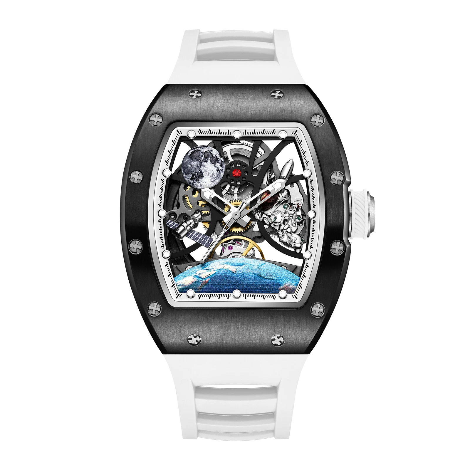 Skeleton Dial Automatic Mechanical Watch Men Stainless Steel Case Waterproof Luminous Sport Wristwatch with Silicone Strap