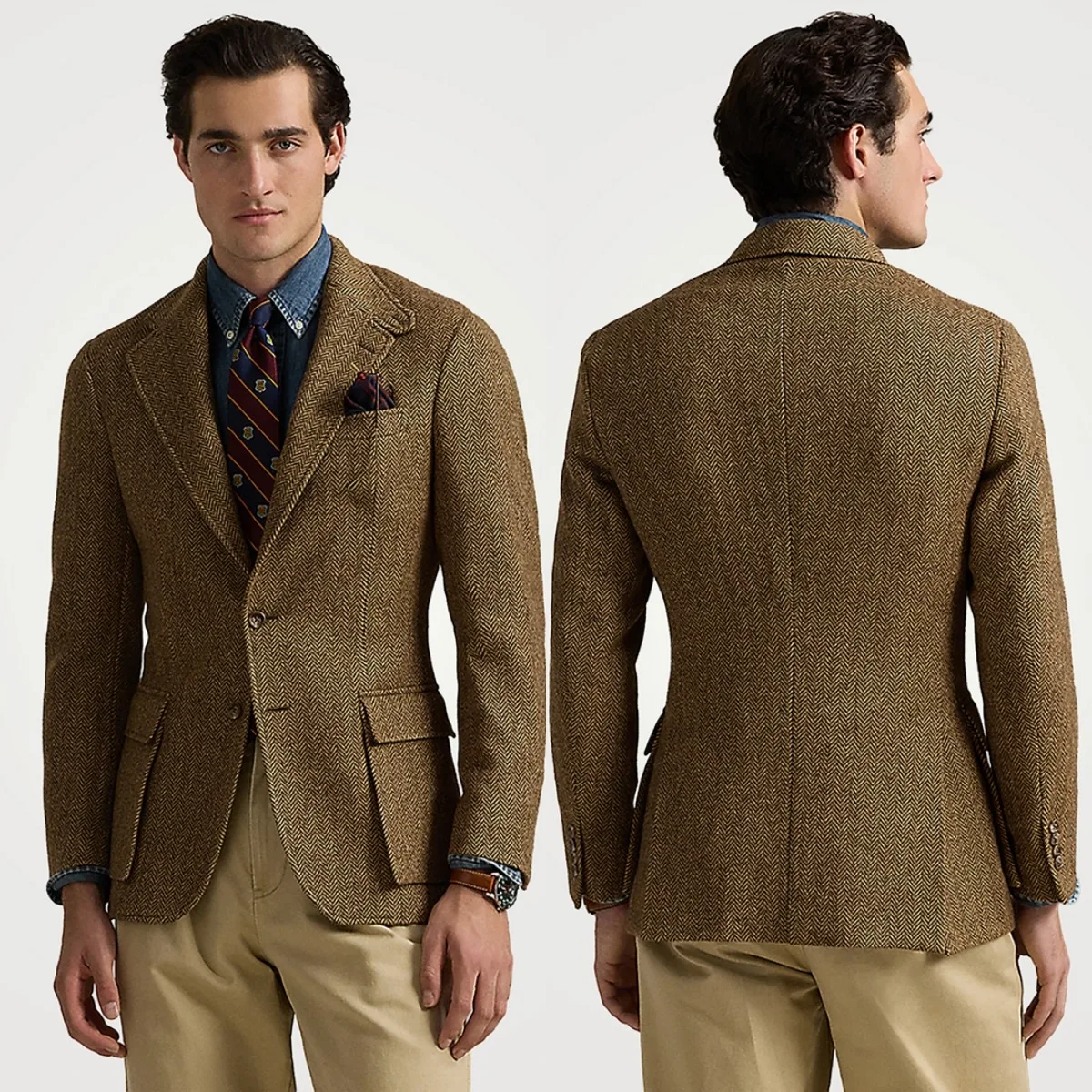 Classic Brown Herringbone Tweed Blazer with Notch Lapel and Flap Pockets Men Autumn Vintage Suit Jacket Customized M266626