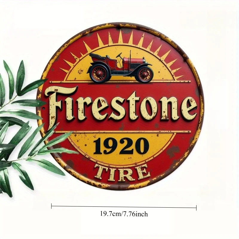[2D Flat] Vintage Firestone 1920 Tire Sign - Round Wall Art, Rustic Car Decor with Red & Yellow Design, Easy to Hang Decor