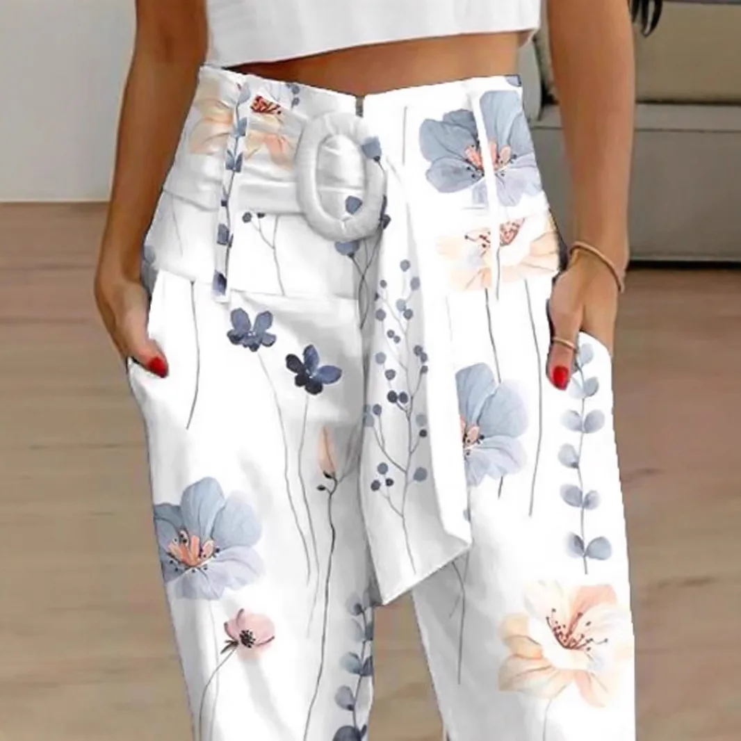 Pantalon décontracté en lin imprimé à lacets, nouvelle mode printemps et été 2025, vêtements pour femmes, taille moyenne, tempérament décontracté