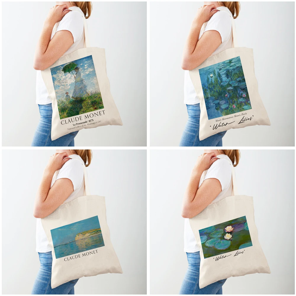 Claude Monet Exhibition Watercolor Travel Tote Lady Handbag Shopper Supermarket Bag Casual Canvas Eco Women Shopping Bags