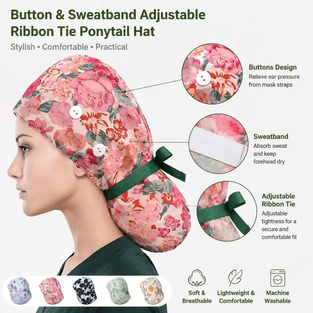 Practical Ponytail Pouch Satin Scrub Caps Button Closure Adjustable Tie Working Cap Frizz Reducing Nurse Scrub Caps Unisex