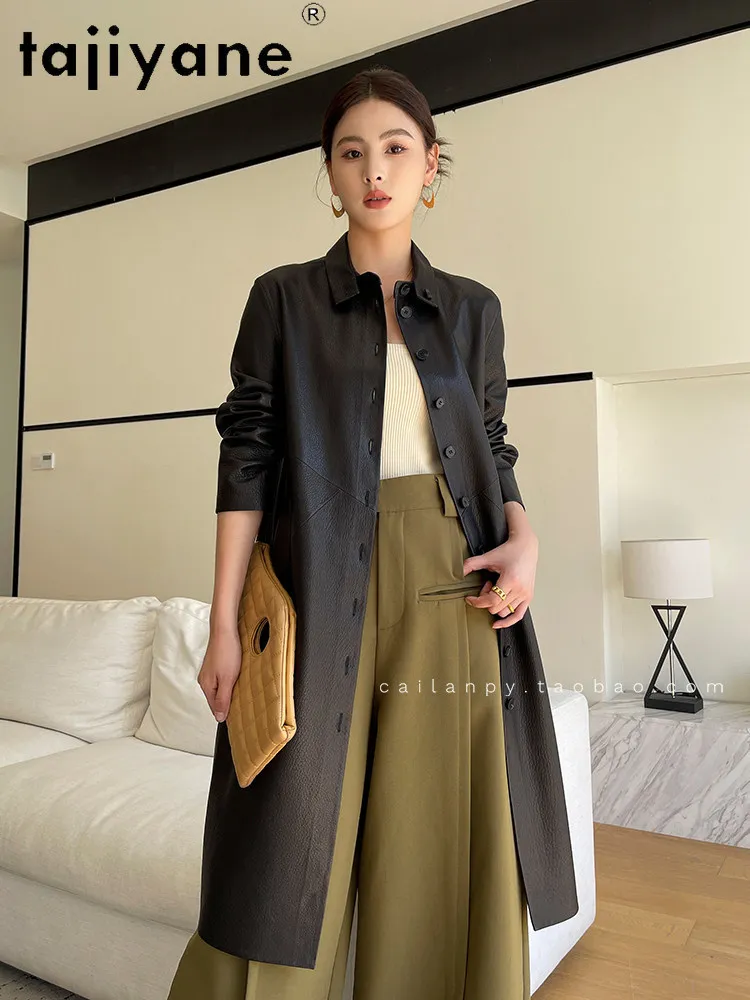 TAJIYANE ヤギ革レザージャケット女性ロングカジュアルトレンチコート本革ジャケット 2026 秋女性服 дубленка женская