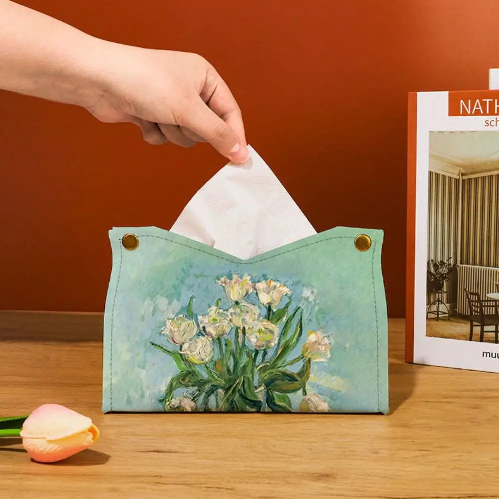 Creative Van Gogh Tissue Case Oil Painting Leather Napkin Holder Durable Large Storage Car Tissue Box Car
