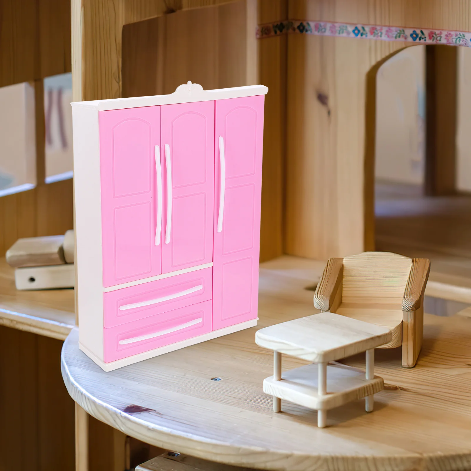 

Wardrobe with Hangers Mini Coat Miniature Toy Dollhouse Dresser Pink Plastic Model