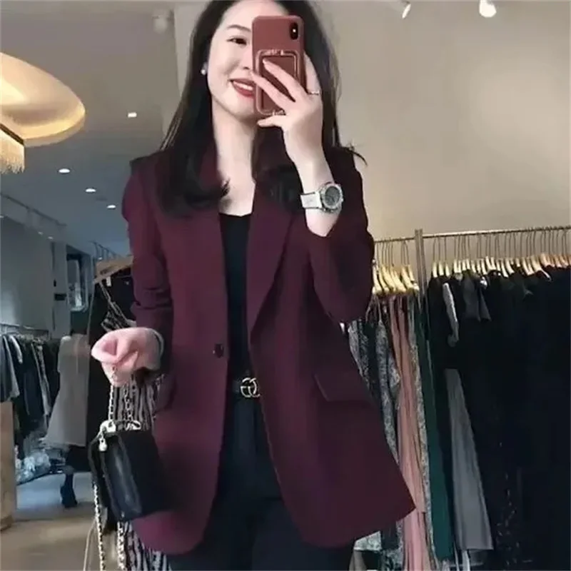 Fashion Professional Style Women's Bleizer Clothing 2026 Spring Autumn New Solid Color Suit Versatile Jacket Wine Red Suit Coat
