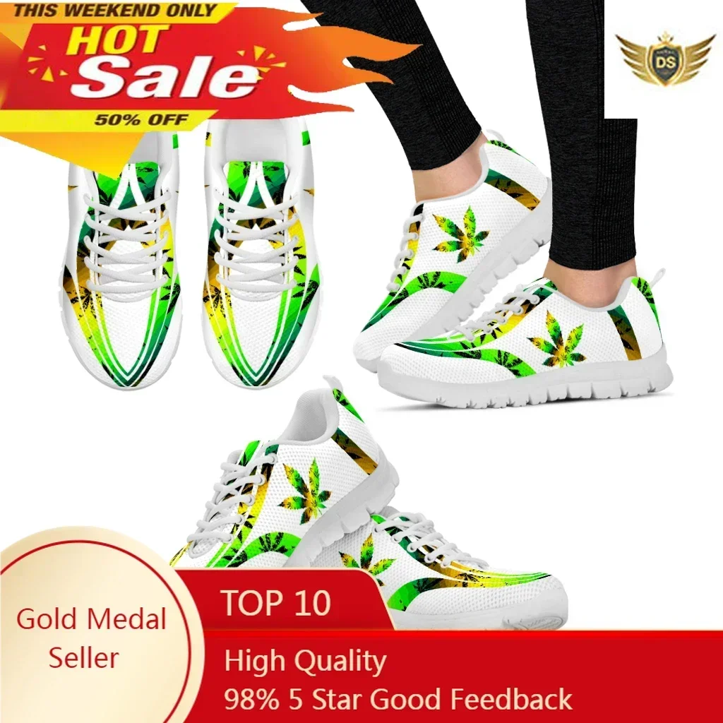 

Hot Style Lace-up Mesh Sneakers Shoes For Women Fashion Weed Leaves Printed Ladies Flat Shoes Light Footwear
