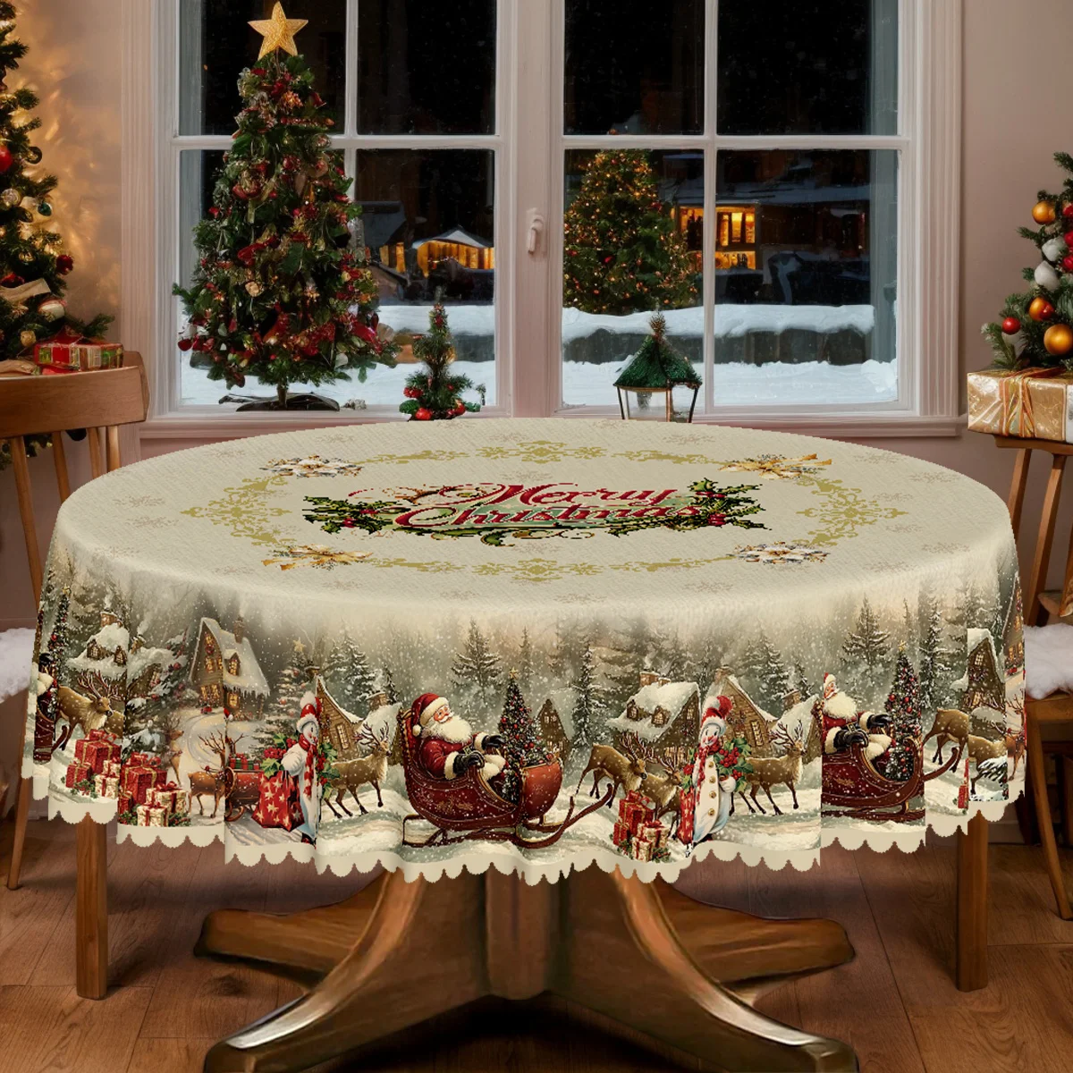 1 Christmas and New Year themed tablecloth, snowman, Santa, reindeer pattern tablecloth, embossed edge design