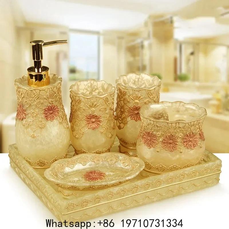 

Classical Flower Pattern Resin Bathroom Accessories Toothpaste Holder Bath Lotion Bottle Mouth Cup Toilet Brush Bath Supplies