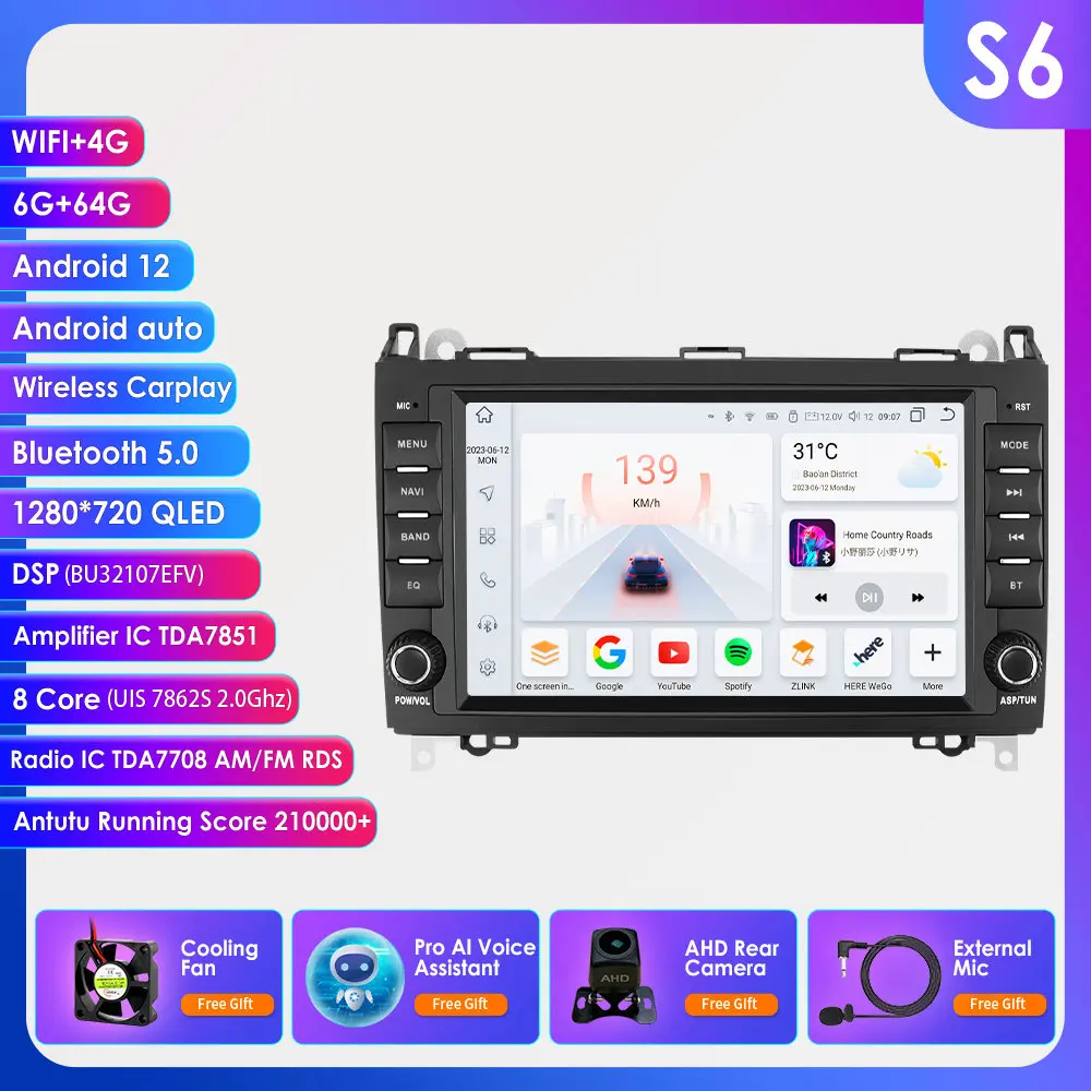 Ai Carplay Android12 Autoradio Stereo Multimedia Speler Voor Mercedes-Benz A-B-V-Klasse B200 W169 W245 W639 W906 Sprinter Gps Navi