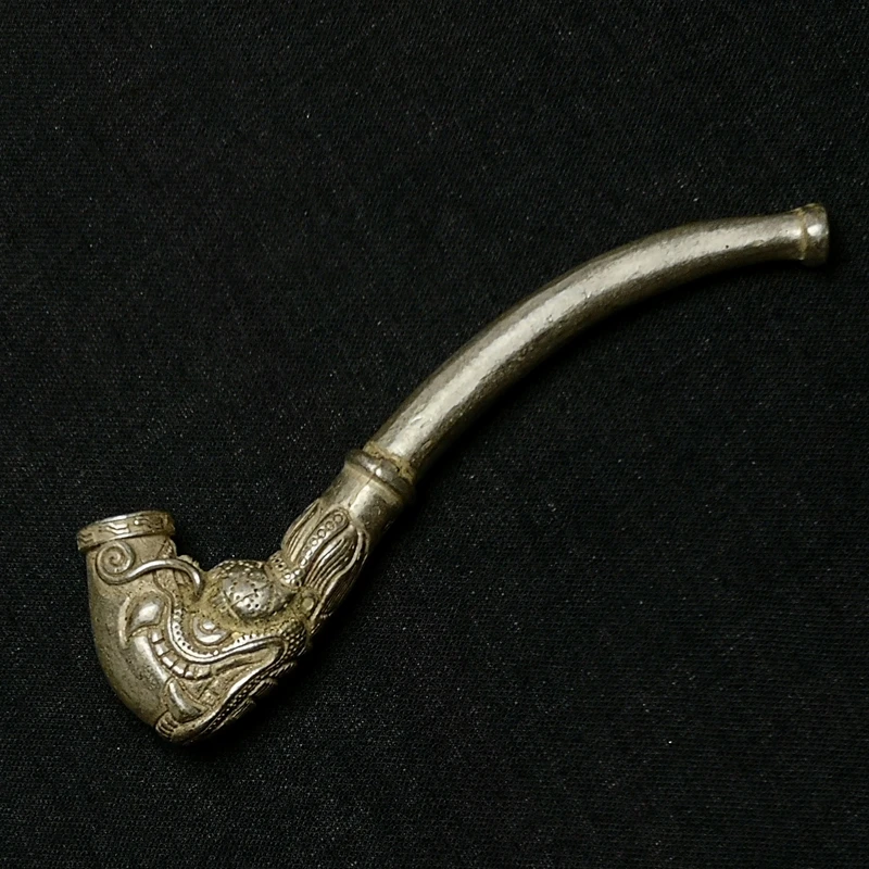 YIZHU CULTUER ART Size 4 Inch Chinese Tibet Silver Carving Dragon Head Tobacco Pipe Old Decoration Gift Collectable