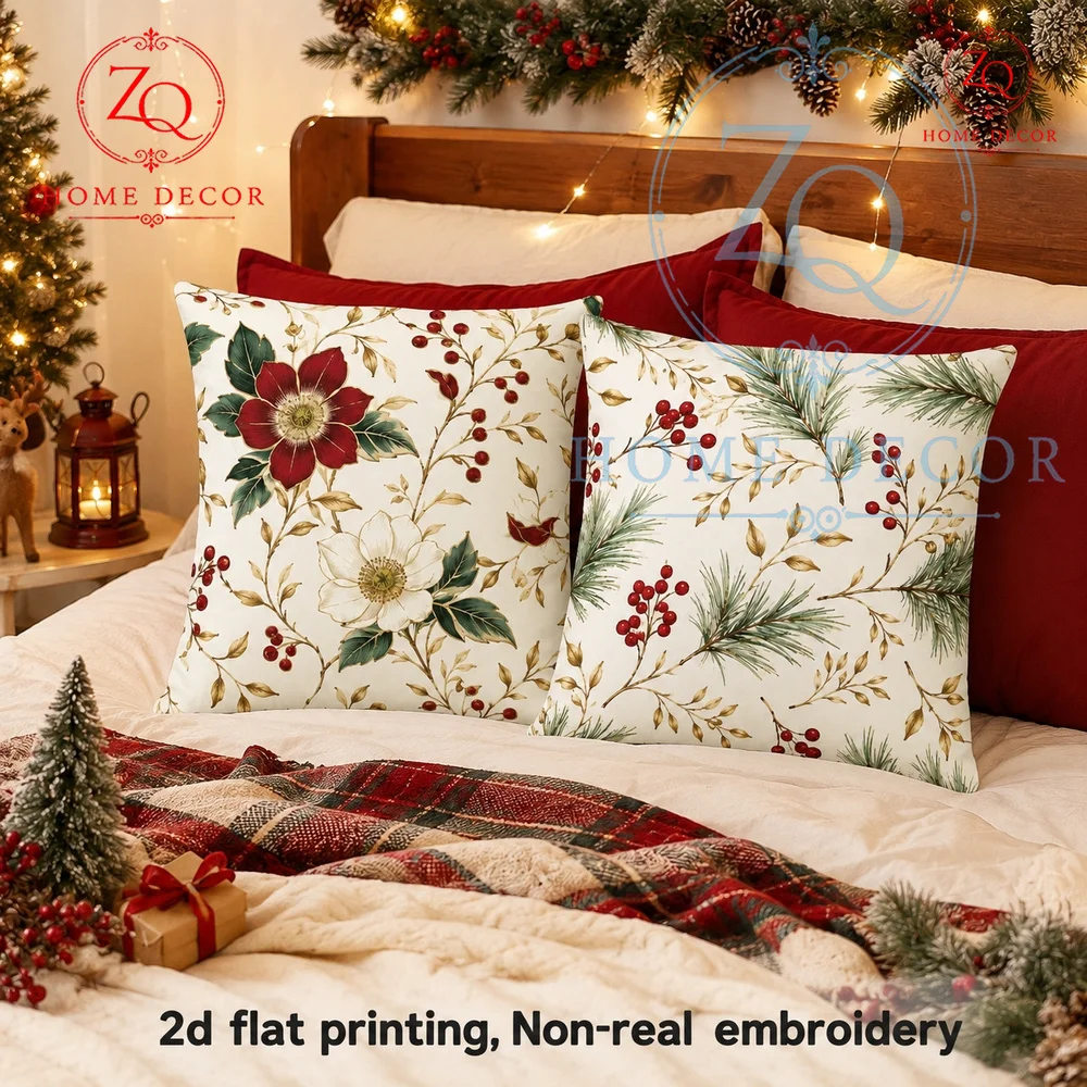 Vintage Christmas Floral Throw Pillow Covers Rustic Holiday Pine Cone Red Berry Cushion Cases  Christmas Home Decor