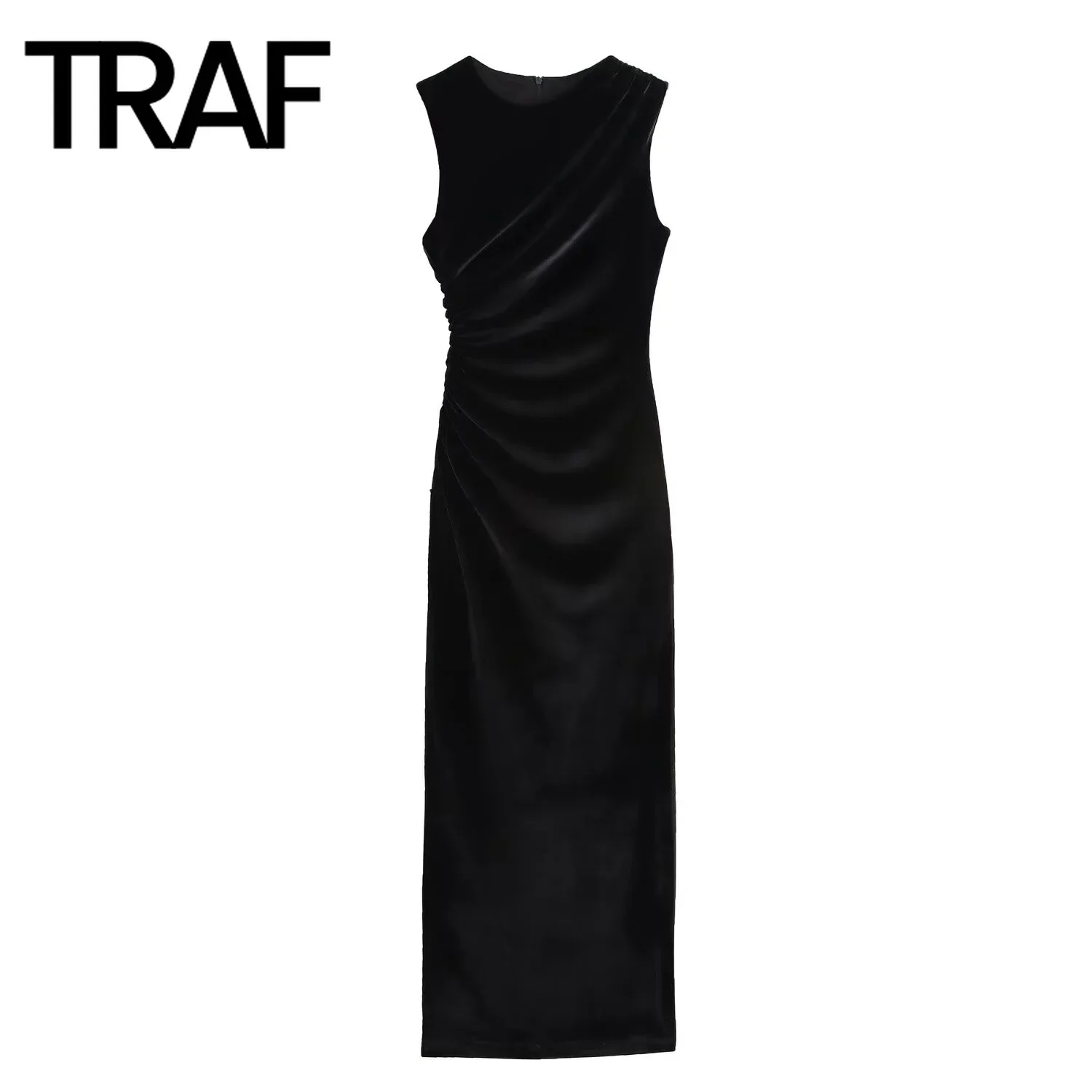 TRAF Velvet Dress for Women Fashion Autumn Winter  New Pleated Round Neck Long Vest Dress Female Back Zip Sleeveless Evening