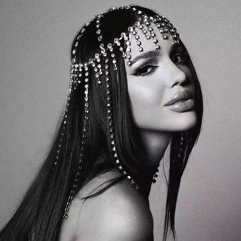 فلاش شرابة حجر الراين غطاء خوذة كريستال رئيس سلسلة مجوهرات RaveParty الرقص الزفاف 1920s إكسسوارات الشعر للنساء هدية #1