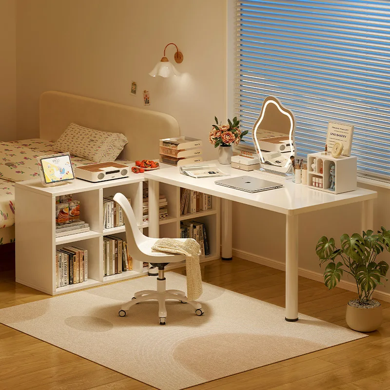 

Cream Wind Corner Home Study Desk Bookshelf Integrated Desktop Corner Hole Board Computer Desk