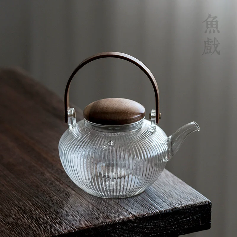 800ml Vertical stripes Wooden Beam Glass Teapot With Tea Infsuer Boiling Puer Oolong Kung Fu Tea Set Health Flower Tea Maker
