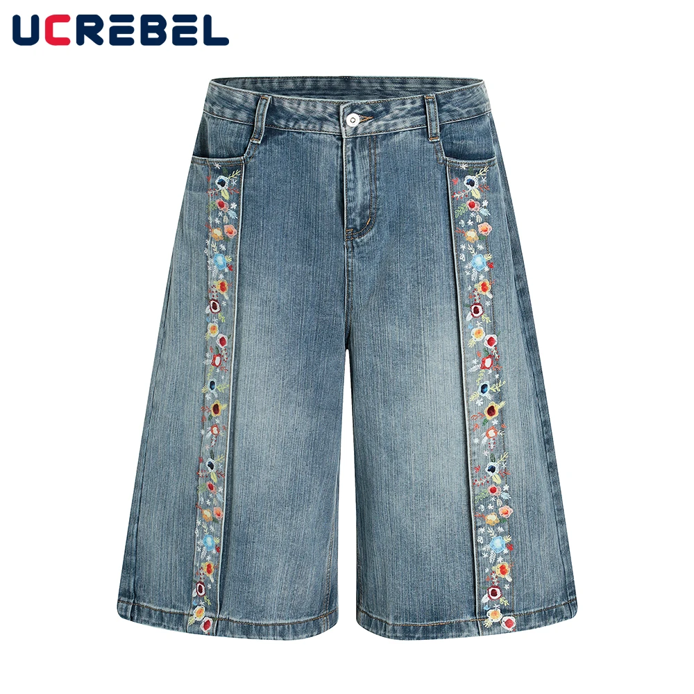 ดอกไม้พิมพ์ Spliced กางเกงยีนส์กางเกงขาสั้น Mens Retro High Street ล้าง Distressed หลวมขากว้าง Jorts Men
