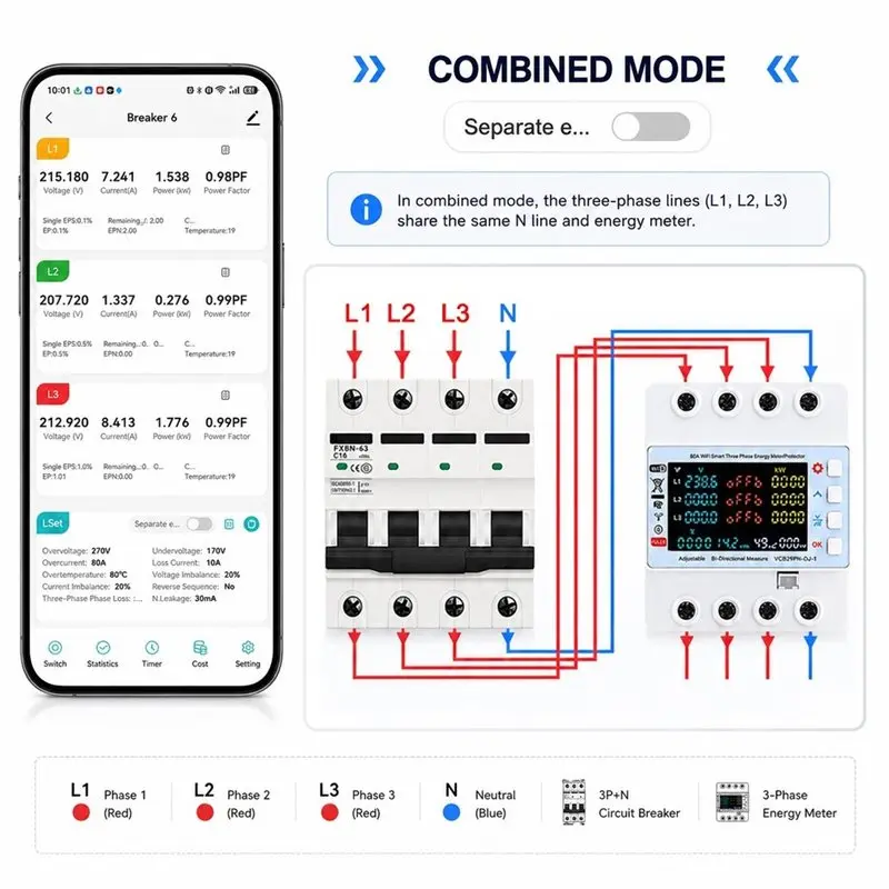 ABWZ-Tuya Wifi 4P 80A Three-Phase Smart Meter Timer Breaker