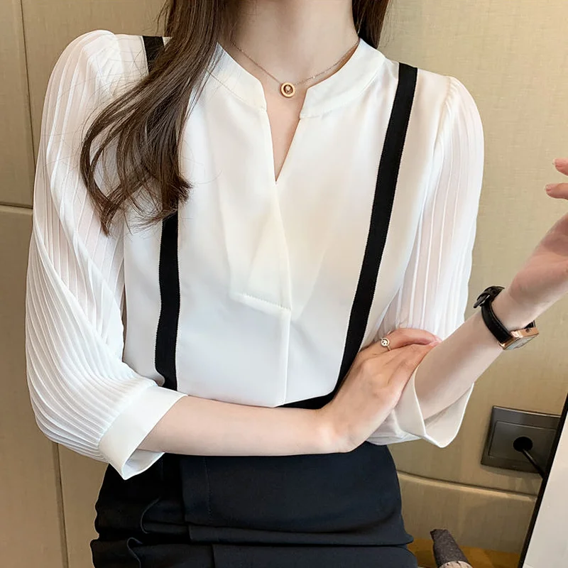 Women Blouses Folds Three Quarter Sleeve Office Lady Patchwork Cozy Chiffon V-neck Temperament All-match Tops Soft Shirt Female