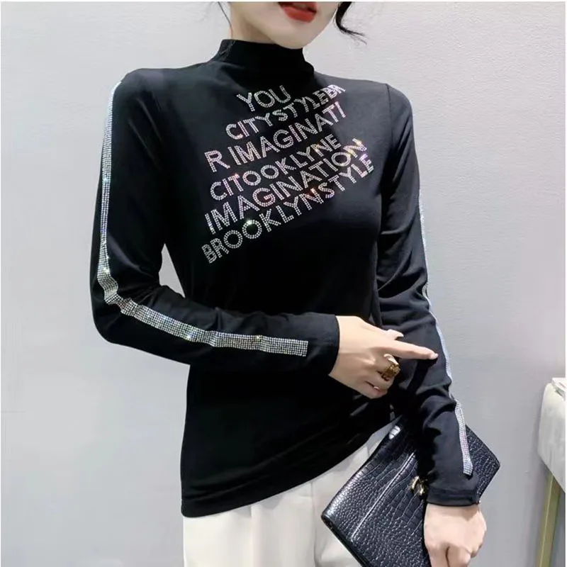 Fashion Turtleneck All-match Diamonds Letter T-Shirt Female Clothing Autumn Winter New Casual Pullovers Commuter Tee Shirt